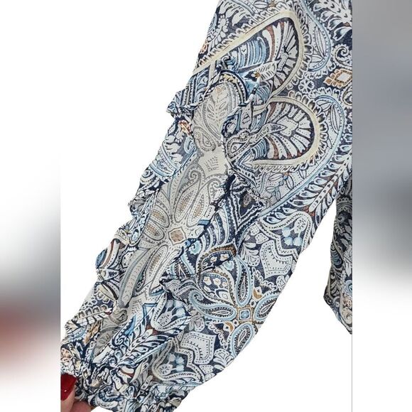 BCBGeneration Women's Sheer Blue Paisley Babydoll Top Long Ruffle Sleeve Blouse - Picture 7 of 13